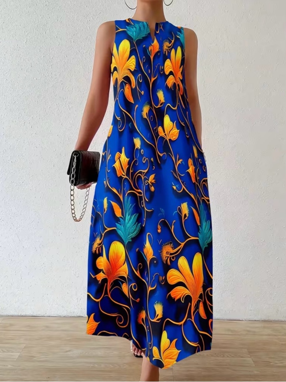Blue Floral A-Line Maxi Dress Sleeveless Pockets Flowy Boho L - Picture 2 of 4